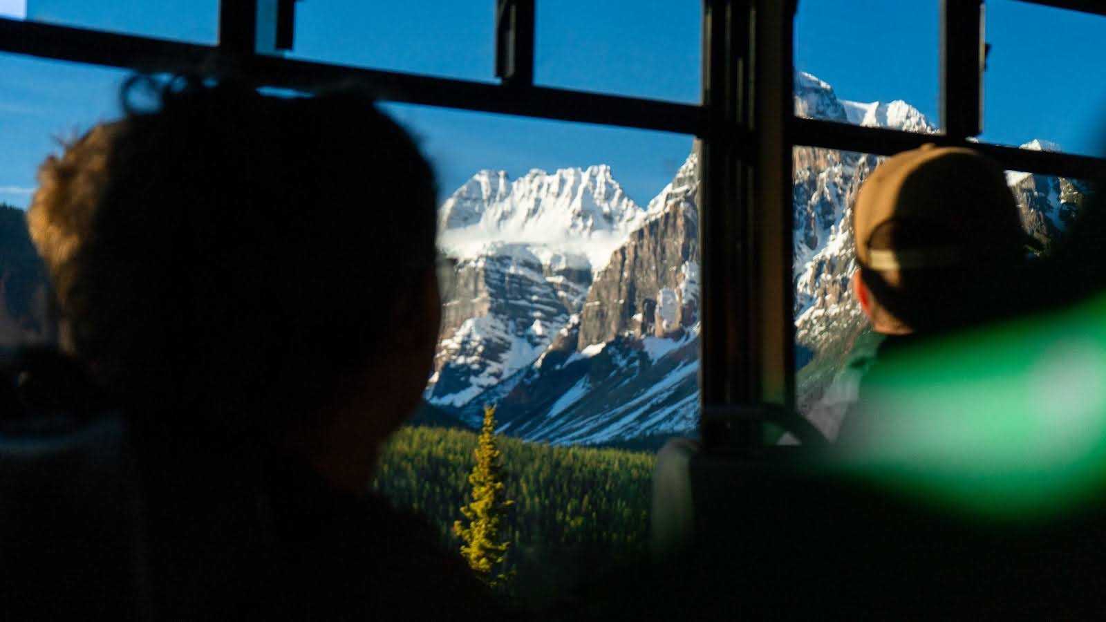Enjoying the bus ride to Moraine Lake 